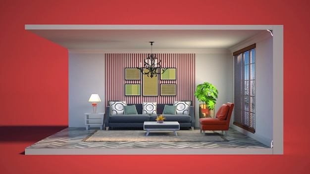 3d illustration interior of the living room in a box