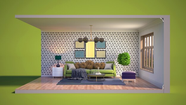 3D illustration interior of the living room in a box