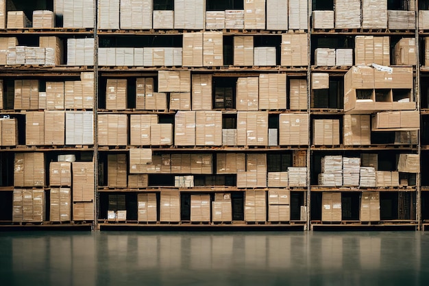 3d illustration of interior of modern warehouse storage full of\
boxes