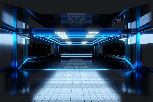 Foto illustrazione 3d di un interno di una nave spaziale o di una stazione spaziale.