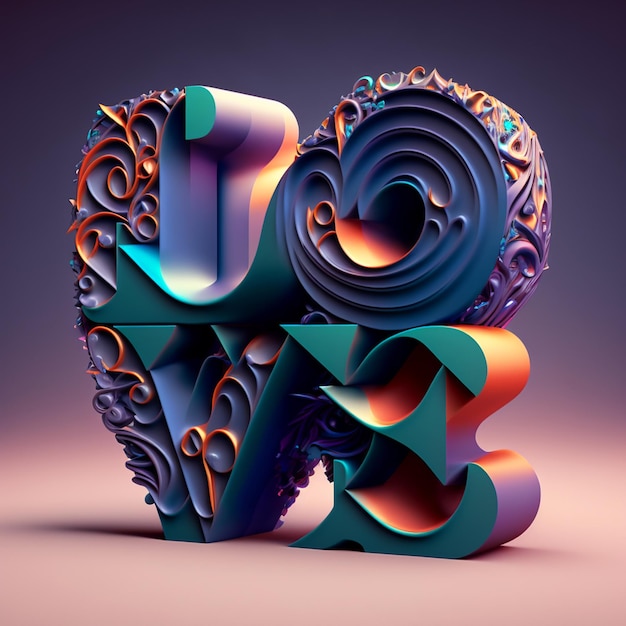 3D illustration iridescent love typography.