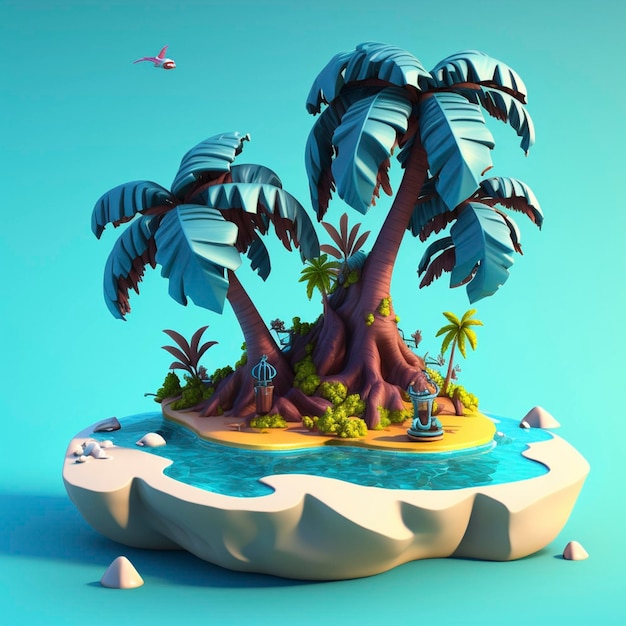 3d Illustration island coconut tree with blue sky and blue sea full hd