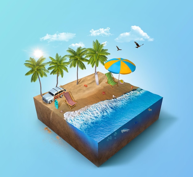 3d illustration of  isometric beach. piece of land with blue water and sand on sunny day. design.