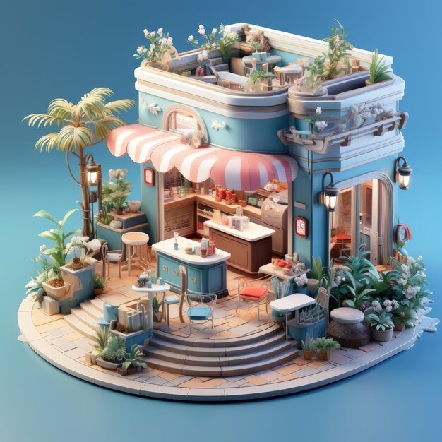 3d illustration isometric cafe and restaurant