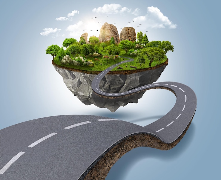 3D illustration of isometric circle road infinity circle road with desert and snow forest isolated