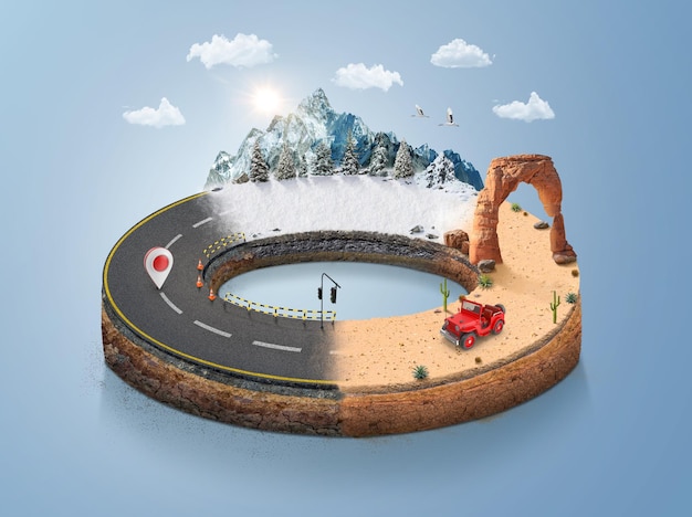 3D illustration of isometric circle road with car and location icon infinity circle road with clouds