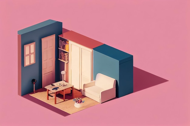 3d illustration of isometric comfortable room with furniture