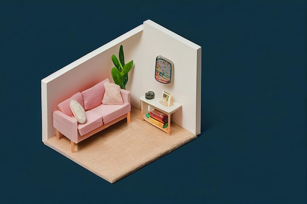 家具付き等尺性の快適な部屋の 3 d イラストレーション