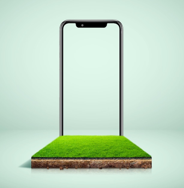 3d illustration of isometric football ground with smart phone. isometric piece of grass land isolate