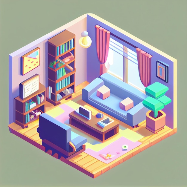 Illustrazione 3d interno isometrico design carino il soggiorno include molti oggetti e dettagli voluminosi