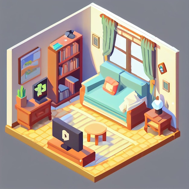 3d illustration isometric interior cute design living room
includes a lot of voluminous objects and details