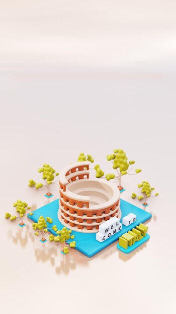 3d illustration italy city view and colosseum as landmark and\
green space area
