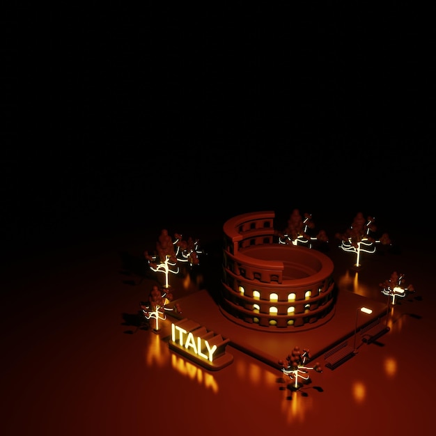 Photo 3d illustration italy city view and simple building around in neon light style