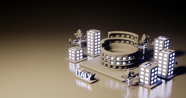 3d illustration Italy and Colosseum as landmark with simple building around in neon light style