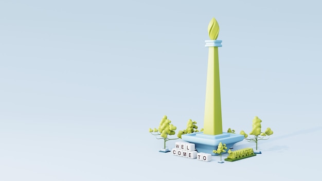 3d illustration Jakarta background city with tree space and Monas as landmark in blue color