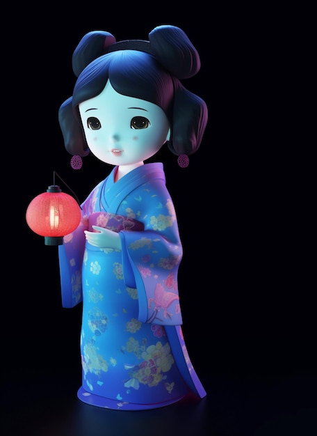 Photo 3d illustration of japan girl with kimono and a lantern in her hand