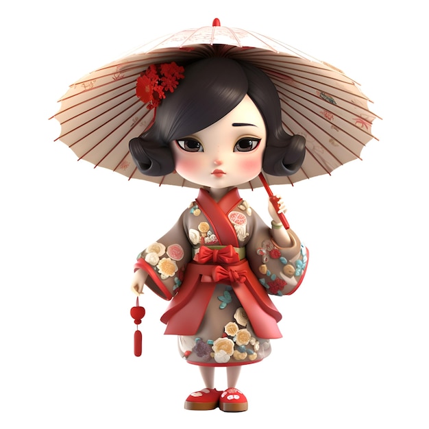 3D Illustration of a Japanese Girl Wearing Traditional Kimono