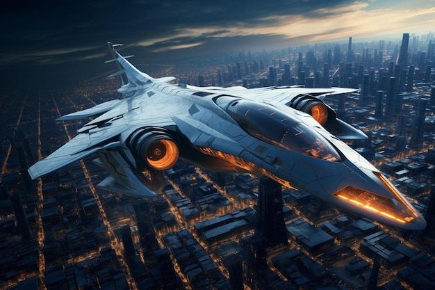 A 3d illustration of a jet with flames flying over a city.