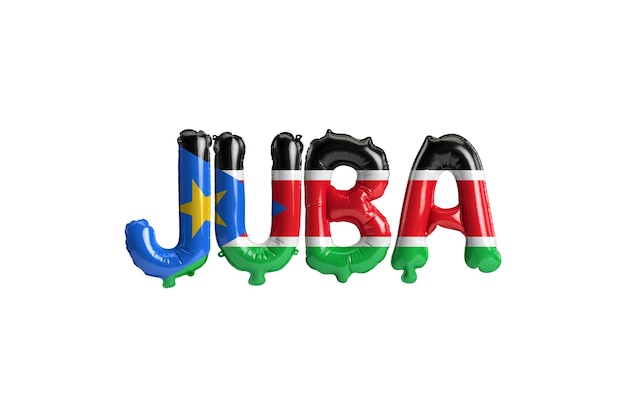 3d illustration of Juba capital balloons with South Sudan flags color isolated on white