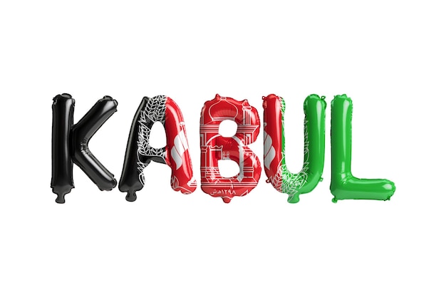 3d illustration of Kabul capital balloons with Afghanistan flags color 2013 to 2021 isolated