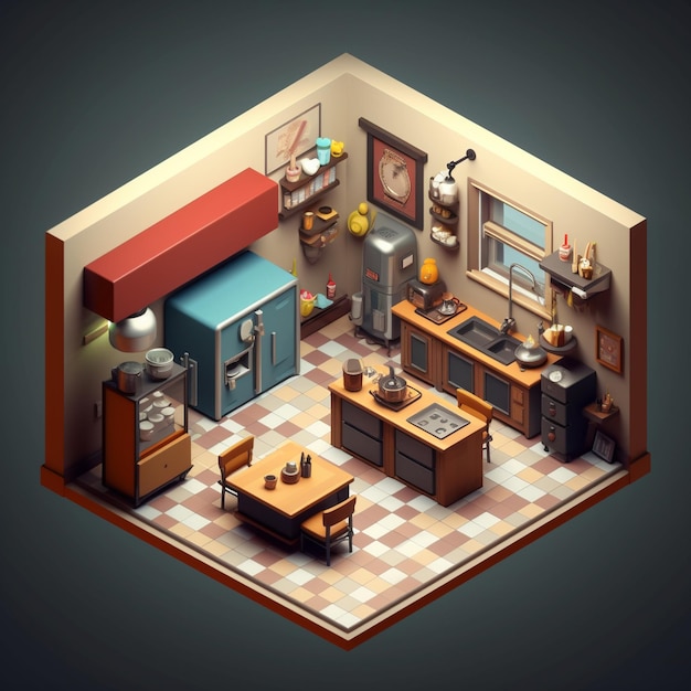 3D-иллюстрация кухни с кухней и кухней со столом и стульями