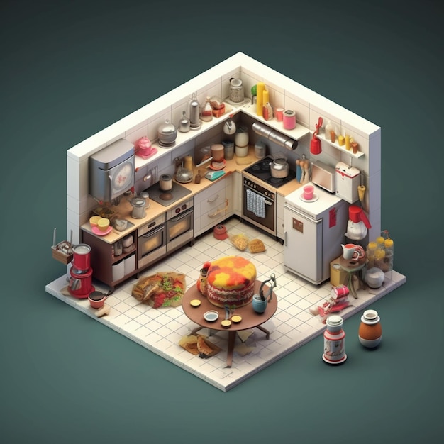 A 3d illustration of a kitchen with a stove and a stove top.