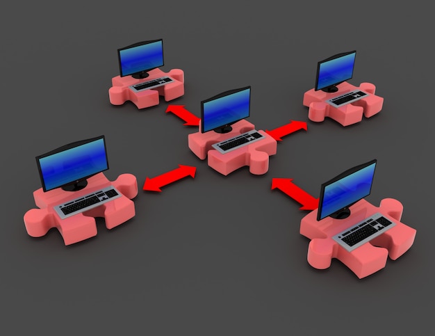 Foto illustrazione 3d del computer portatile nei puzzle