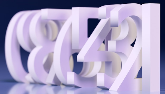 3d illustration large white volumetric letters stand in a row one after another with shadows on a blue background. A set of mathematical numbers