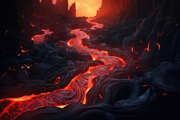 3D illustration of a lava flow in an alien landscape with flames River of pahoehoe lava flowing down a cliff AI Generated