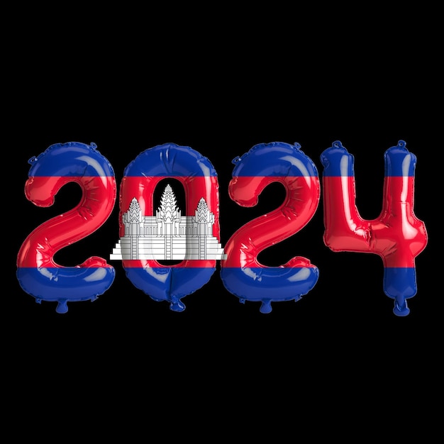Foto illustrazione 3d della lettera sul nuovo anno 2024 con palloncini sulla bandiera colorata della cambogia
