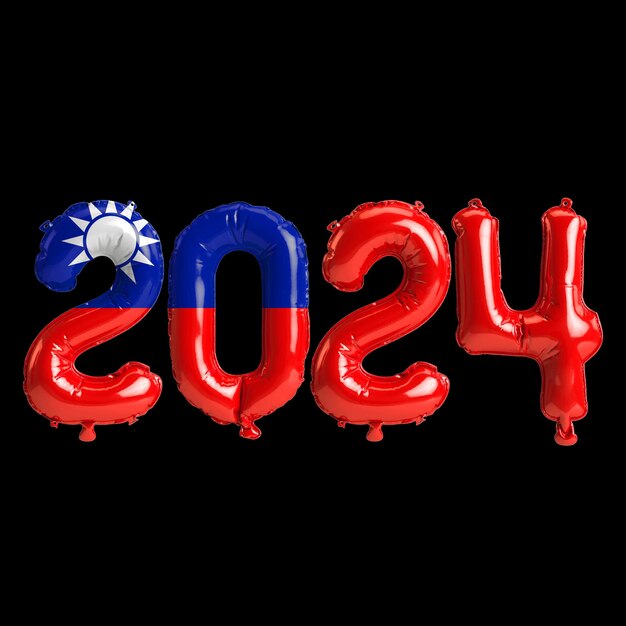 3d illustration of letter about new year 2024 with balloons on color Taiwan flag