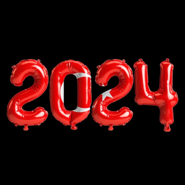 3d illustration of letter about new year 2024 with balloons on color Turkey flag