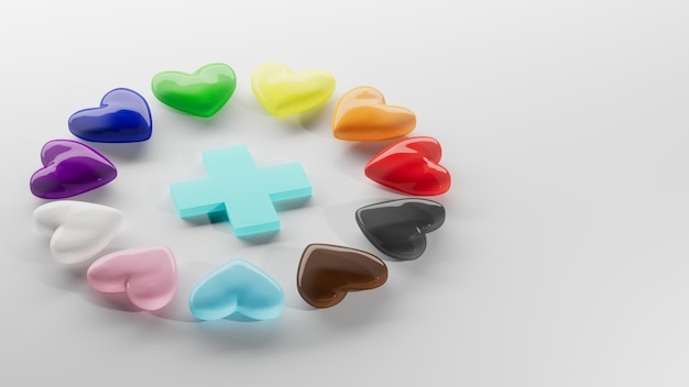 3d illustration of lgbtiq pride colored hearts on white background.