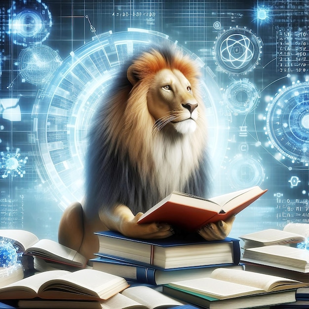 3d illustration of lion reading book and solving math data analytics in concept free photo