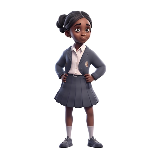 3D Illustration of a Little African American Girl Wearing School Uniform