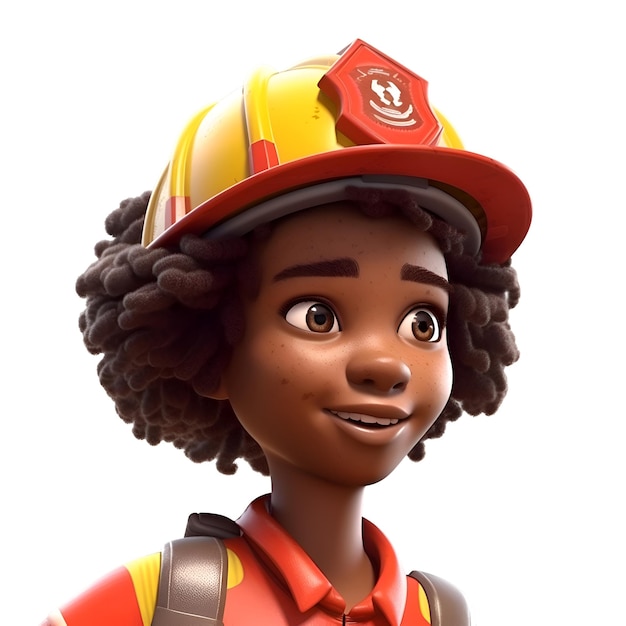 3D Illustration of a Little Black Girl in Firefighter Uniform