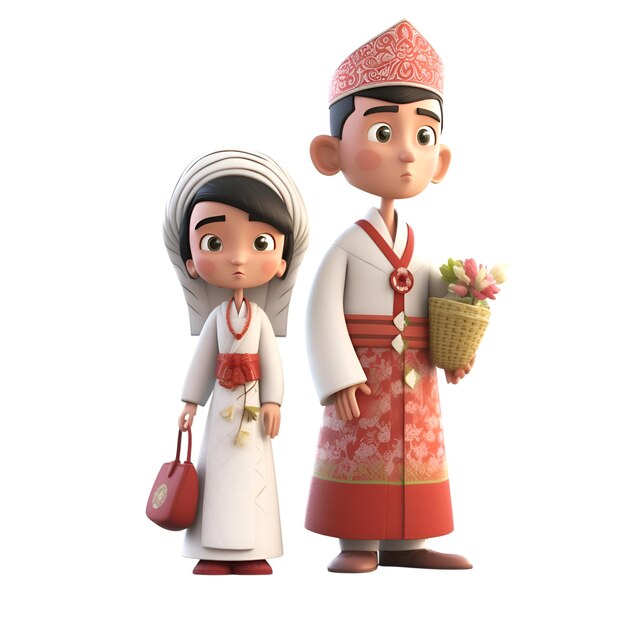 3D Illustration of a Little Boy and Girl in Traditional Costume