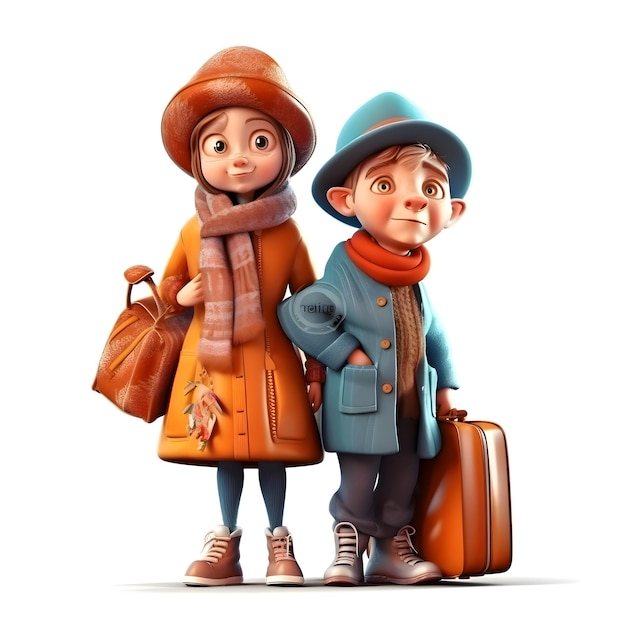 3D illustration of a little boy and a girl with suitcases