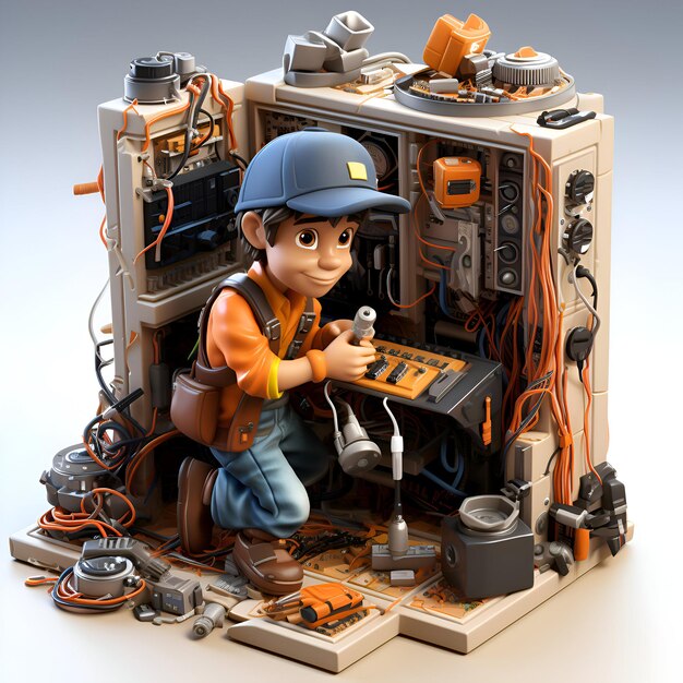 Photo 3d illustration of a little boy repairing a radiocontrolled car