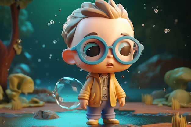 3d illustration of a little boy in the underwater world with bubbles