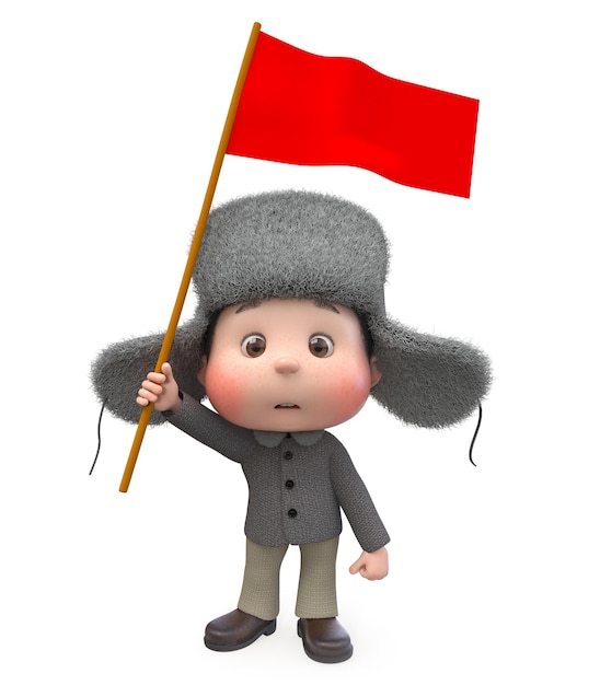 Photo 3d illustration of a little boy in winter clothes with a flag