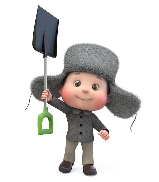 3d illustration of a little boy in winter clothes with a shovel for snow removal