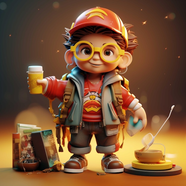 3d illustration of a little boy with a backpack and a cup of coffee