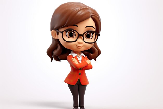 3D illustration of Little Business Woman with eyeglasses on white background