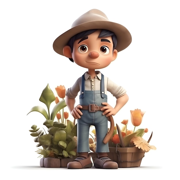 3D illustration of a little farmer with a flower pot on a white background