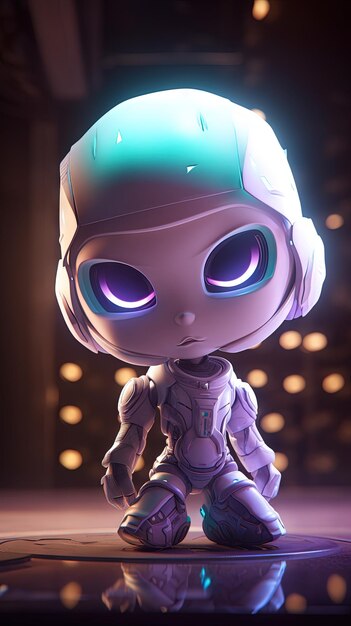 3d illustration of a little futuristic robot with neon lights on dark background Chibi art big headed statuette