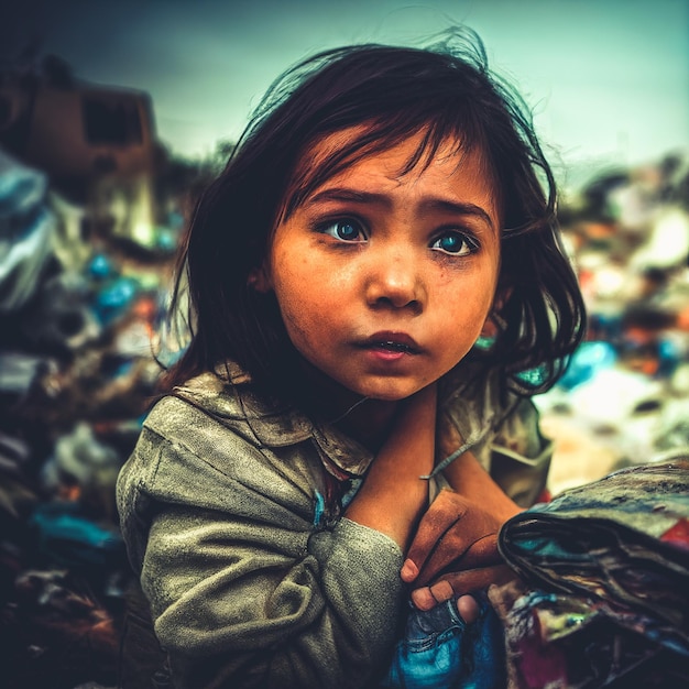 3D illustration of little girl in garbage waste landfill spectacular detailed digital art