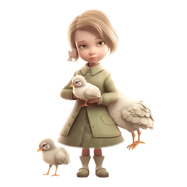 3D-иллюстрация маленькой девочки с белым голубем и цыпленком