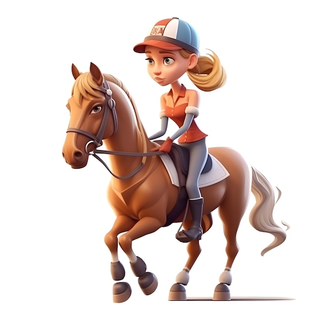 3D-иллюстрация маленькой девочки, едущей на лошади, изолированной на белом фоне
