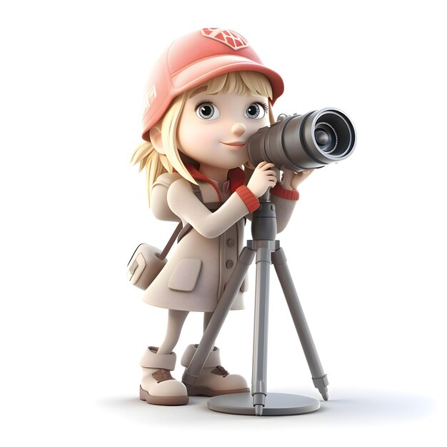白い背景にカメラを持つ少女の 3 D イラストレーション